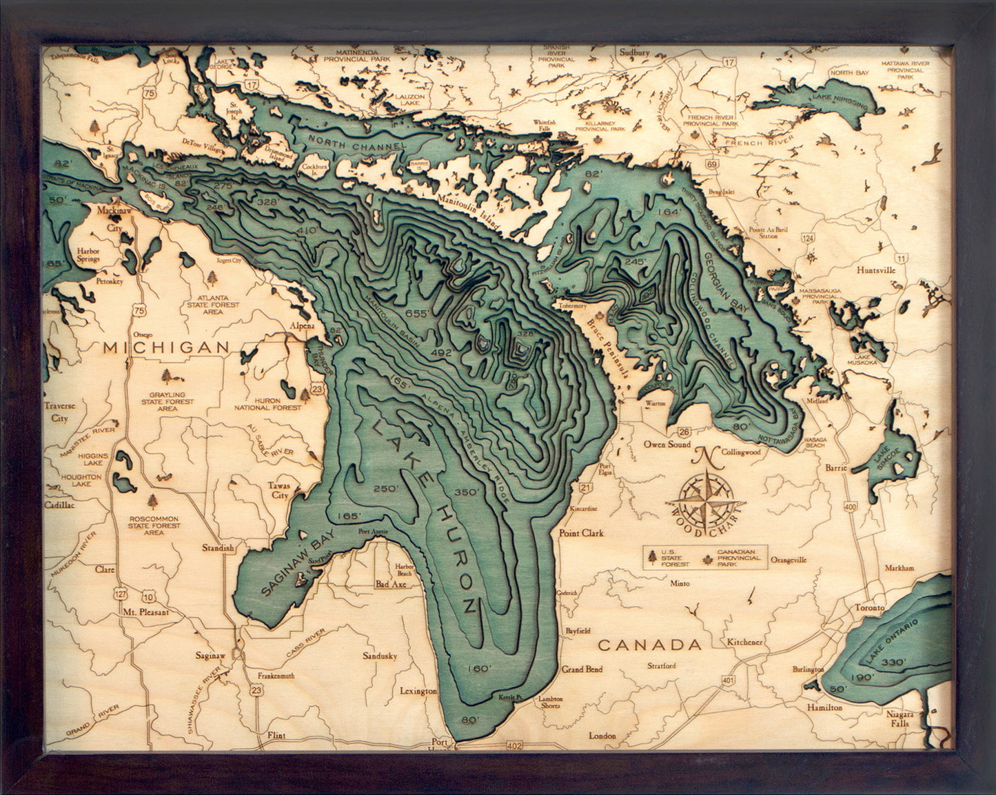 Lake Huron Water Depth Wood Chart