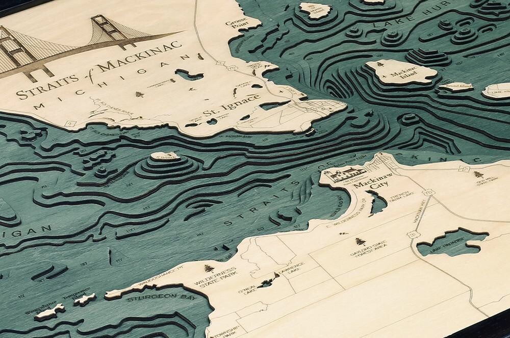 Straits of Mackinac, Michigan Wood Map Art