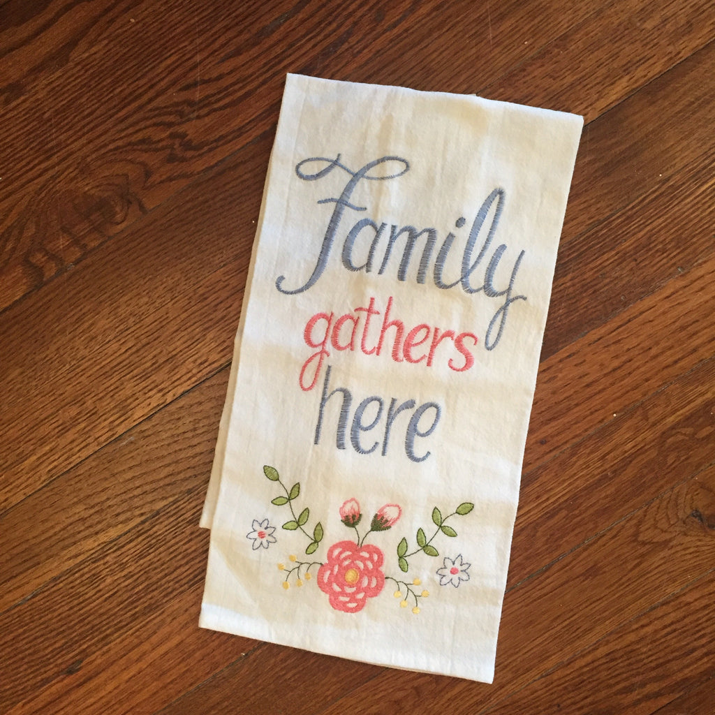 Family Gathers Here Tea Towel