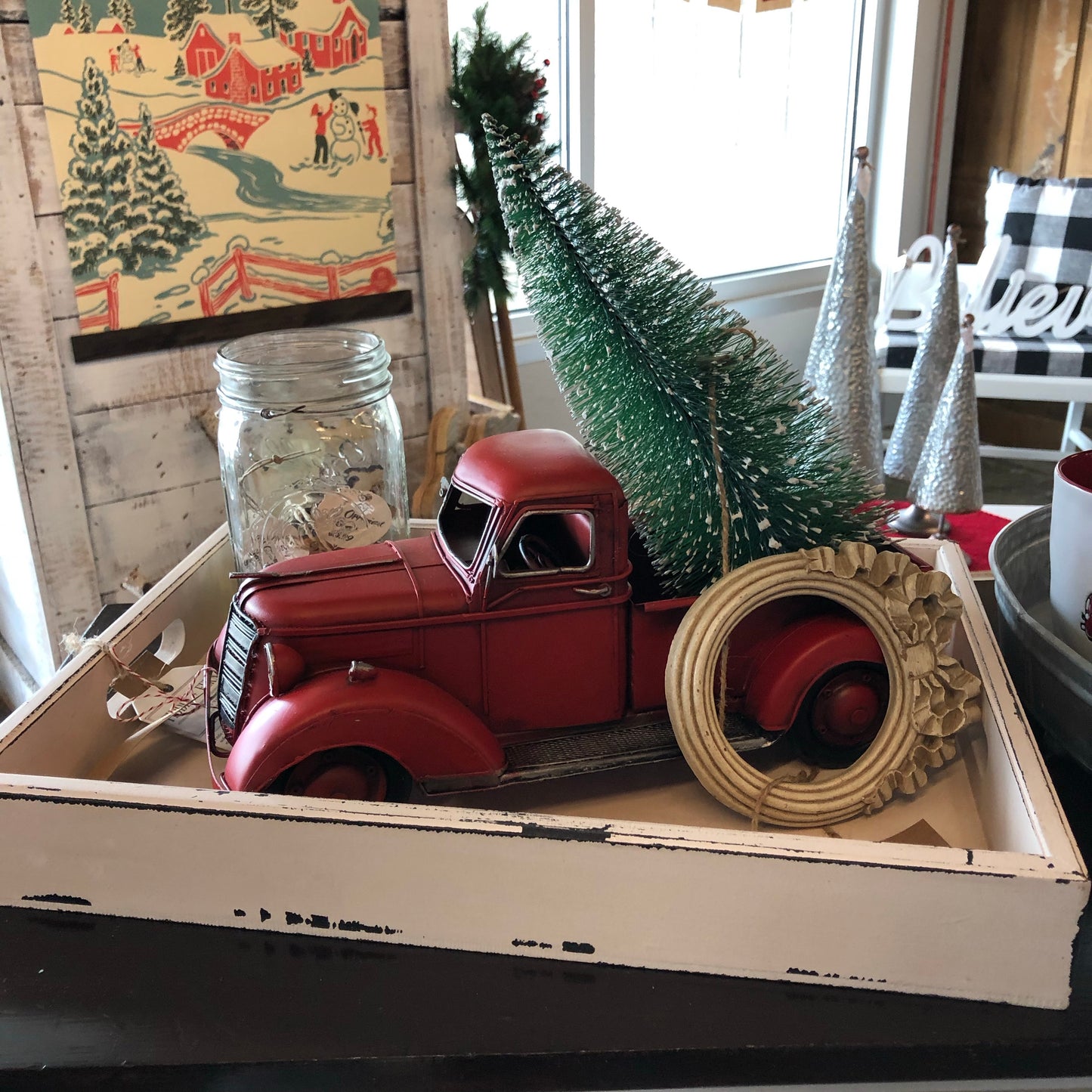 Red Truck with Christmas Tree
