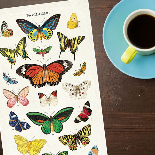 Butterflies kitchen towel showing colorful specimens