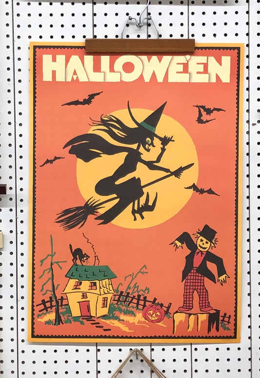 Halloween-themed poster with a witch, scarecrow, and haunted house on an orange background.