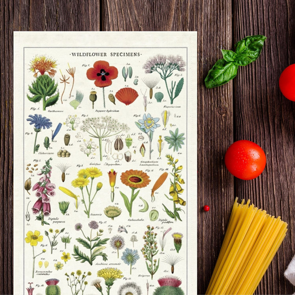 Wildflowers kitchen towel with a variety of bright specimens
