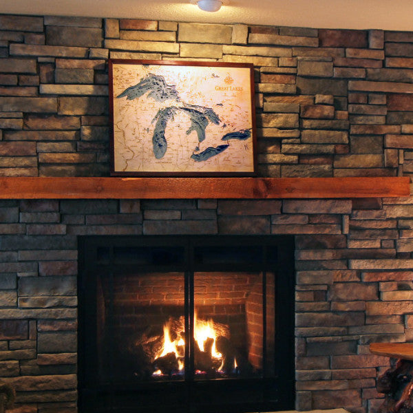 Great Lakes Wood Map Art - Above Fireplace