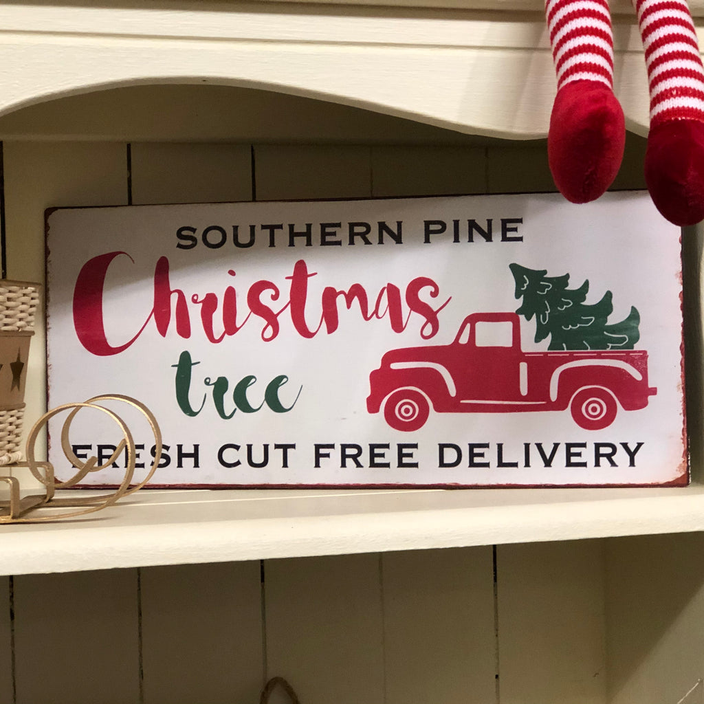 Red Truck with Christmas Tree Metal Sign