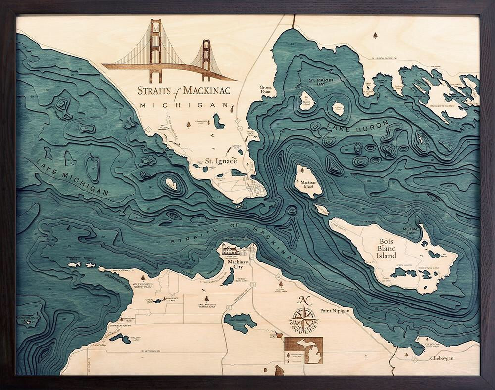 Straits of Mackinac, Michigan Wood Map Art